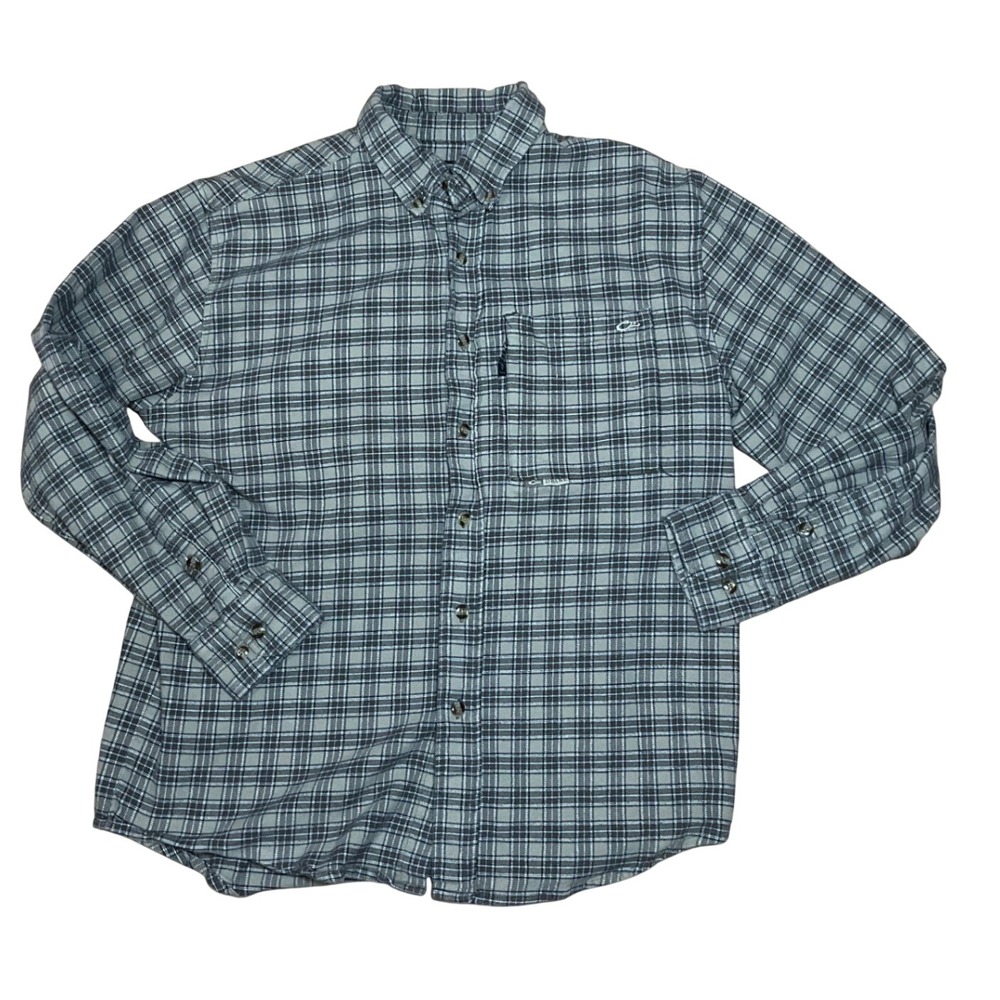 Drake Waterfowl Mens Plaid Flannel Button Down Shirt Tan Blue Size Medium